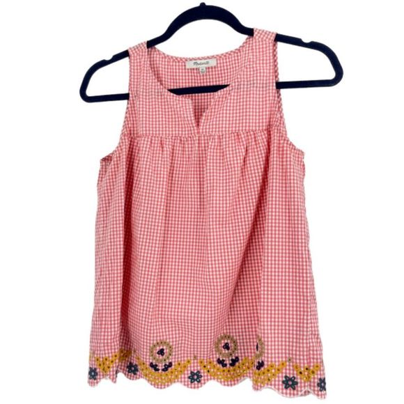 Madewell Tank Top Red White Embroidered Checkered Gingham Sleeveless Size XS - Picture 2 of 7
